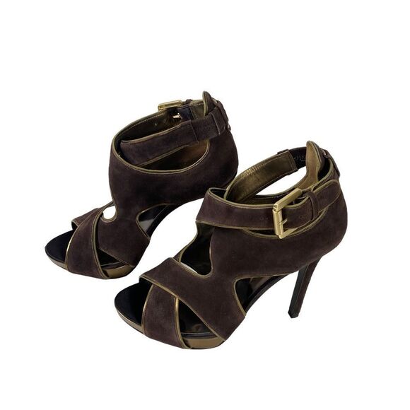 Guess by Marciano 8.5 M sandals dark brown suede brushed gold buckle - Picture 1 of 6